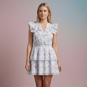 LoveShackFancy Floral Ruffle Mini Dress Smocked Waist Cottagecore XL